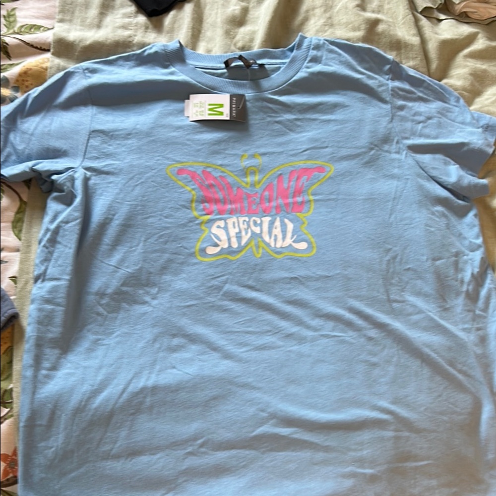 Primark Blue Tee with Pink and White Butterfly Graphic